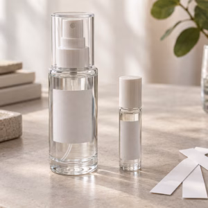 AI development illustration of a neutral fragrance mist sample bottle and vial