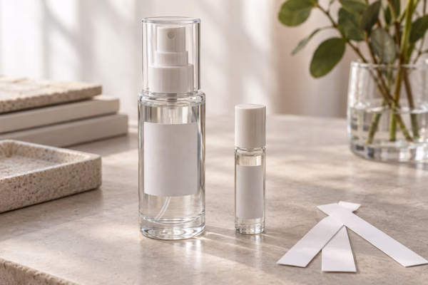 AI development illustration of a neutral fragrance mist sample bottle and vial
