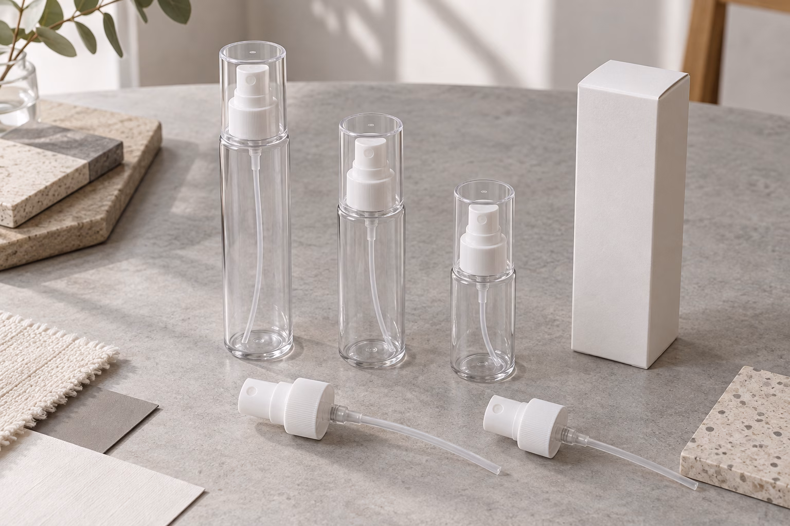 AI development illustration of conventional bottle and sprayer options for custom fragrance mist