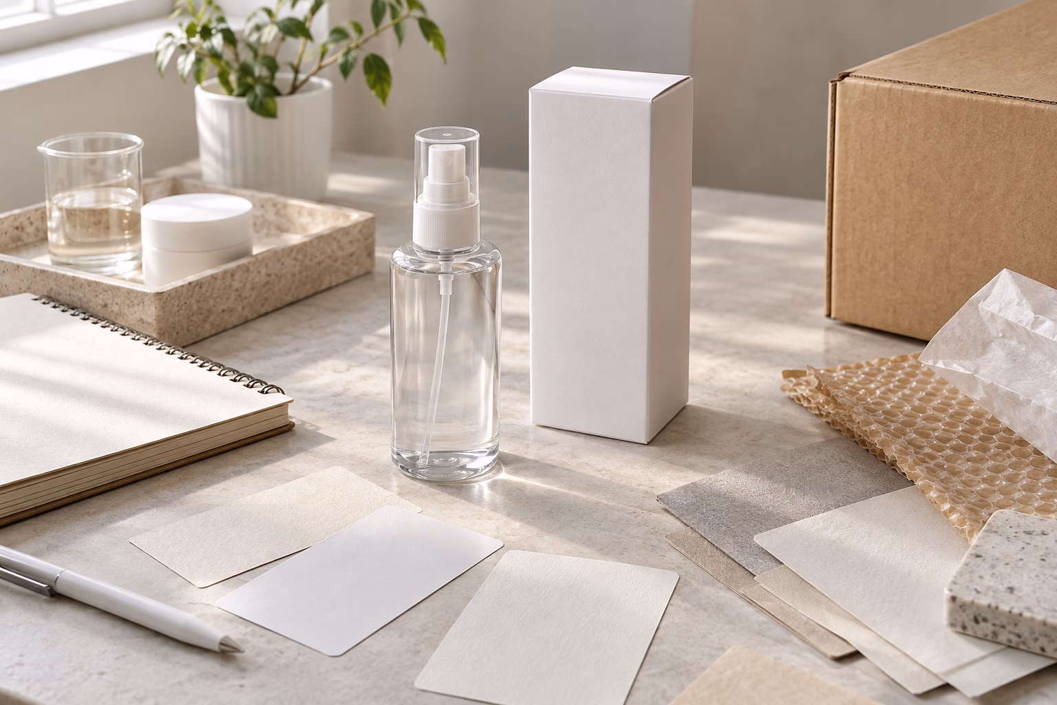 AI development illustration of blank label, carton and fragrance mist quotation planning