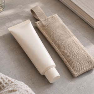 AI development illustration of ordinary hand cream tube beside a separate woven carry sleeve