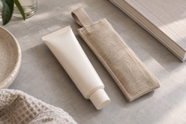 AI development illustration of ordinary hand cream tube beside a separate woven carry sleeve