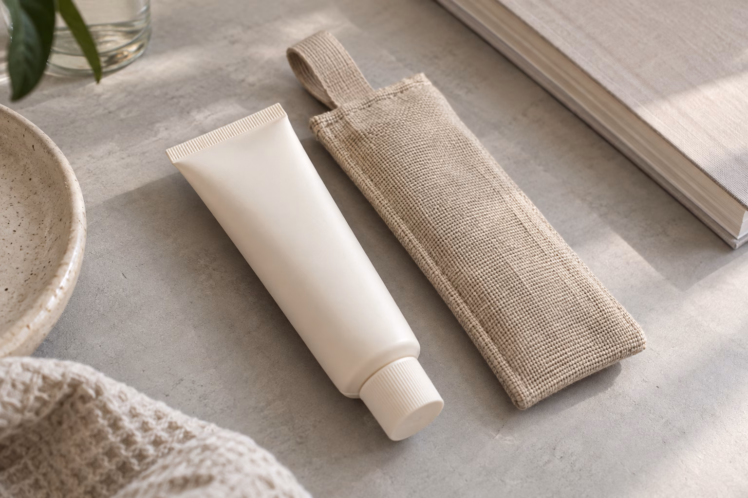 AI development illustration of ordinary hand cream tube beside a separate woven carry sleeve