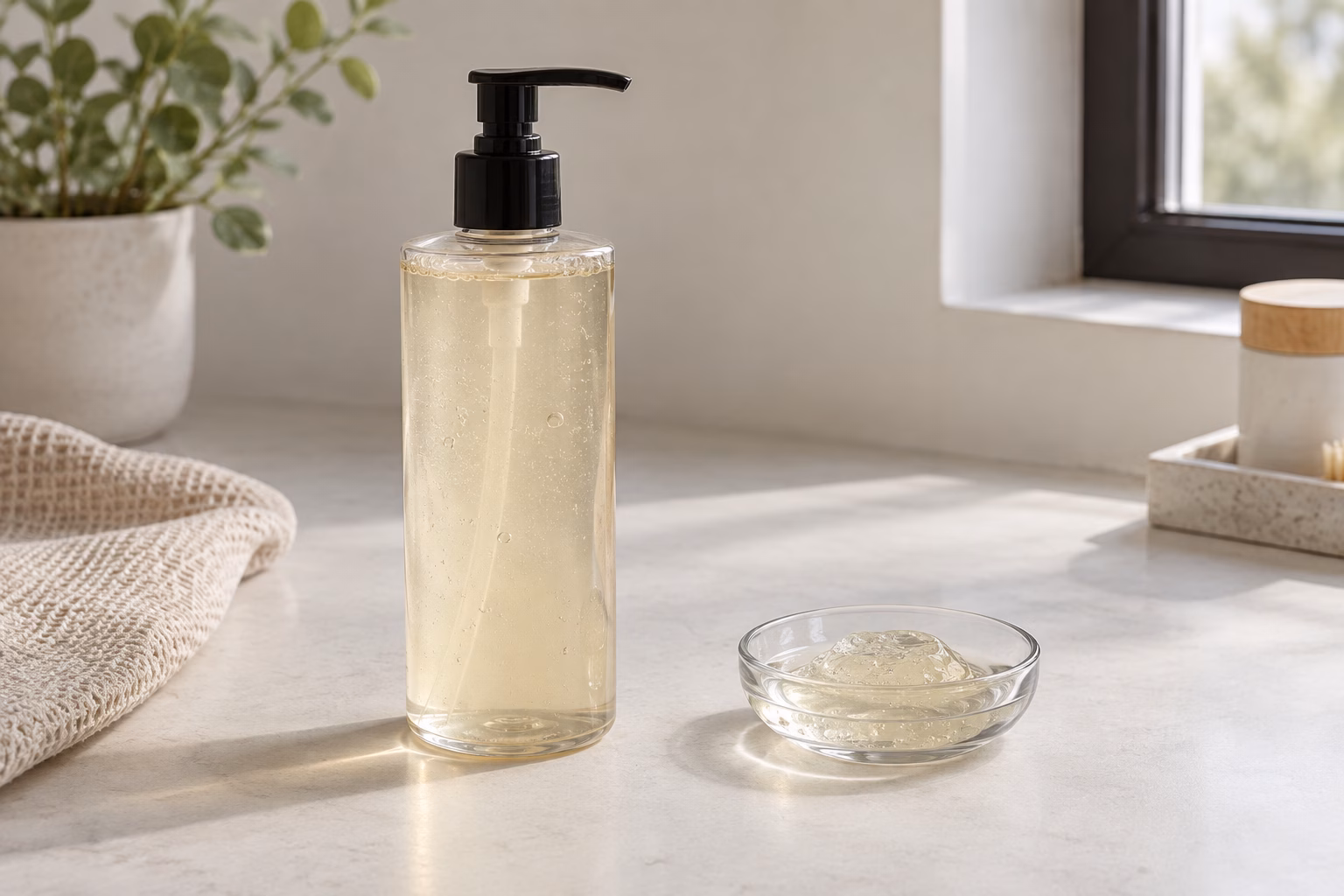 AI-generated development illustration of a conventional blank pump bottle and hypothetical jelly-wash portion