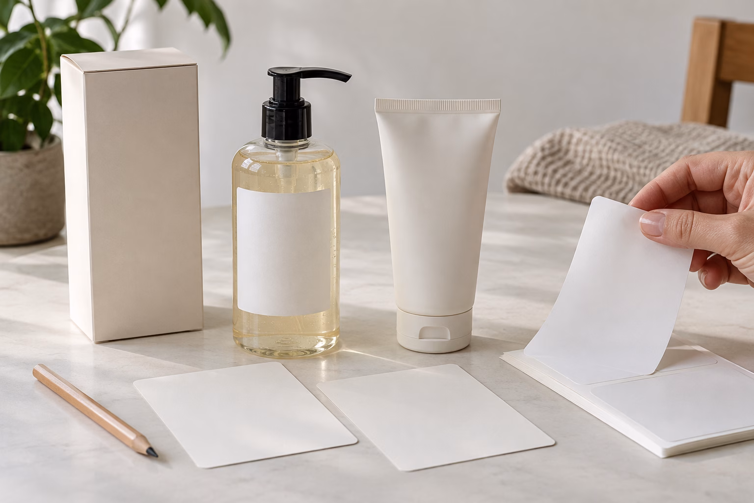 AI-generated development illustration of blank label, carton and cards for wash-to-lotion development review
