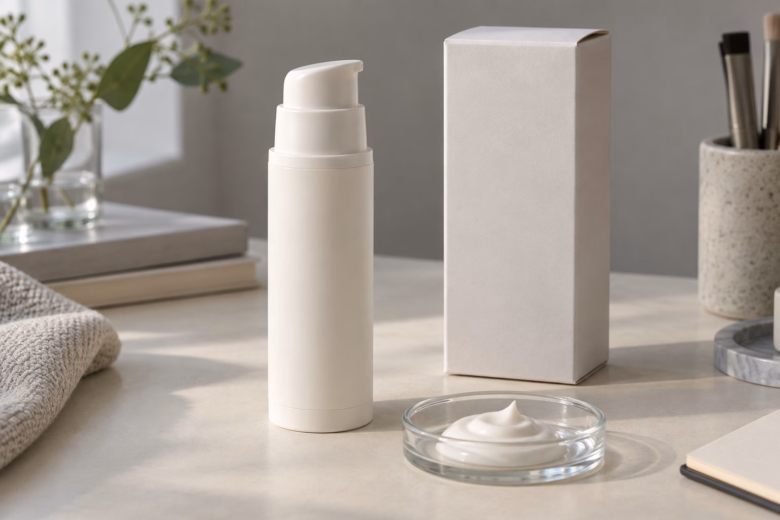 AI-generated development illustration of ordinary blank moisturizer pump and illustrative cream portion