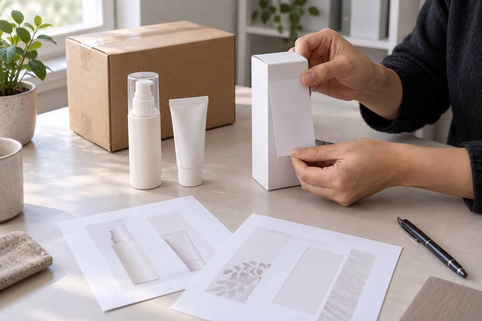 AI-generated development illustration of neutral carton and label alignment planning