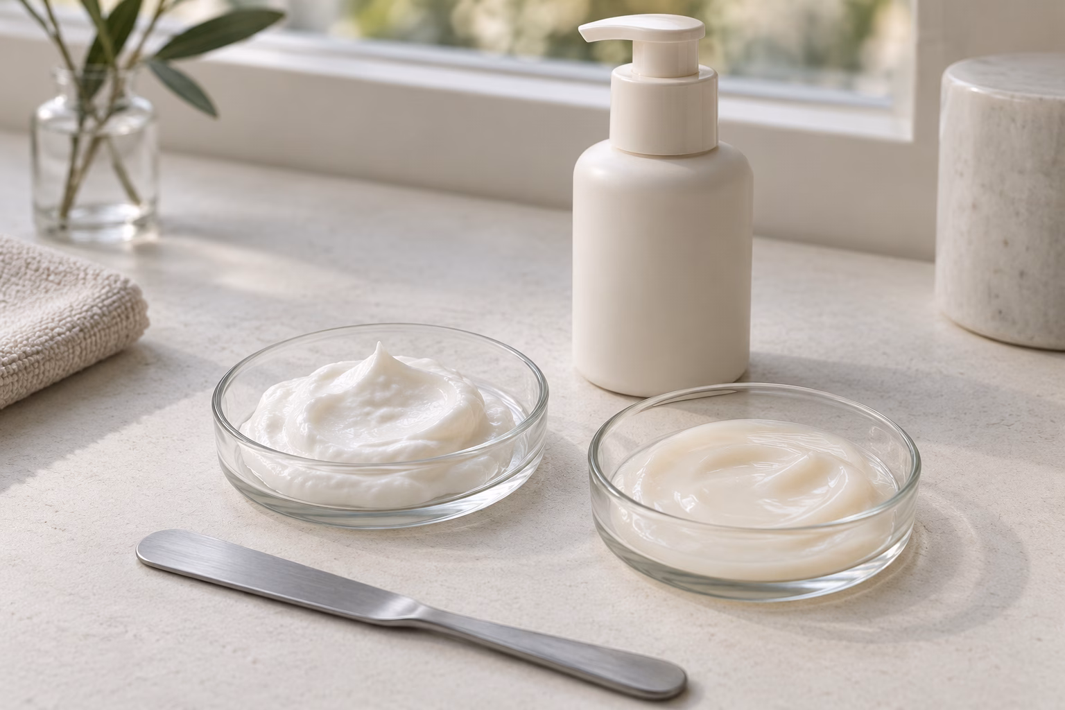 AI-generated development illustration of hypothetical cream and light-lotion texture comparison