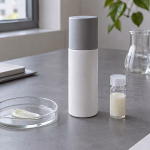 AI development illustration of a generic facial serum pump sample, vial and texture dish