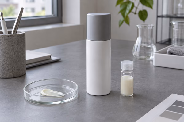 AI development illustration of a generic facial serum pump sample, vial and texture dish