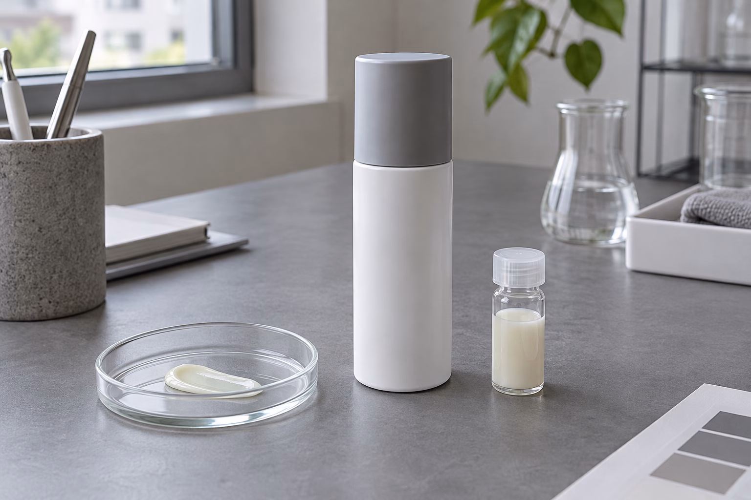 AI development illustration of a generic facial serum pump sample, vial and texture dish