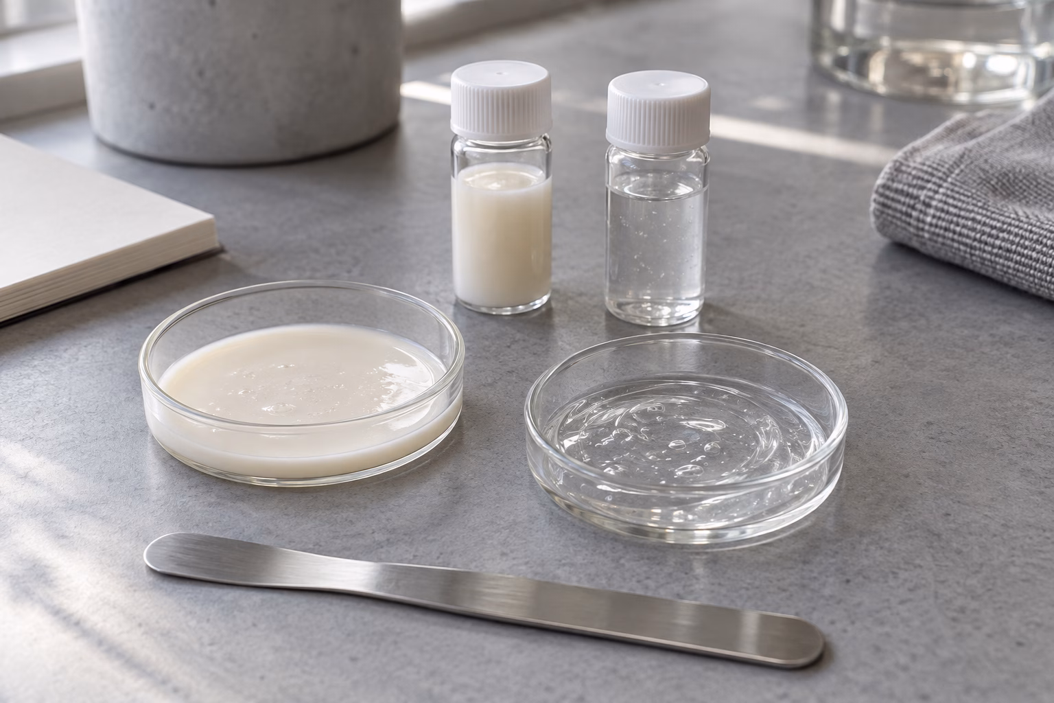 AI development illustration of two optional serum texture prototypes; ingredient identity is not established