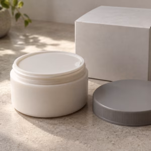 AI illustration: a plain wide-mouth jar for a private label rinse-off hair conditioning mask.