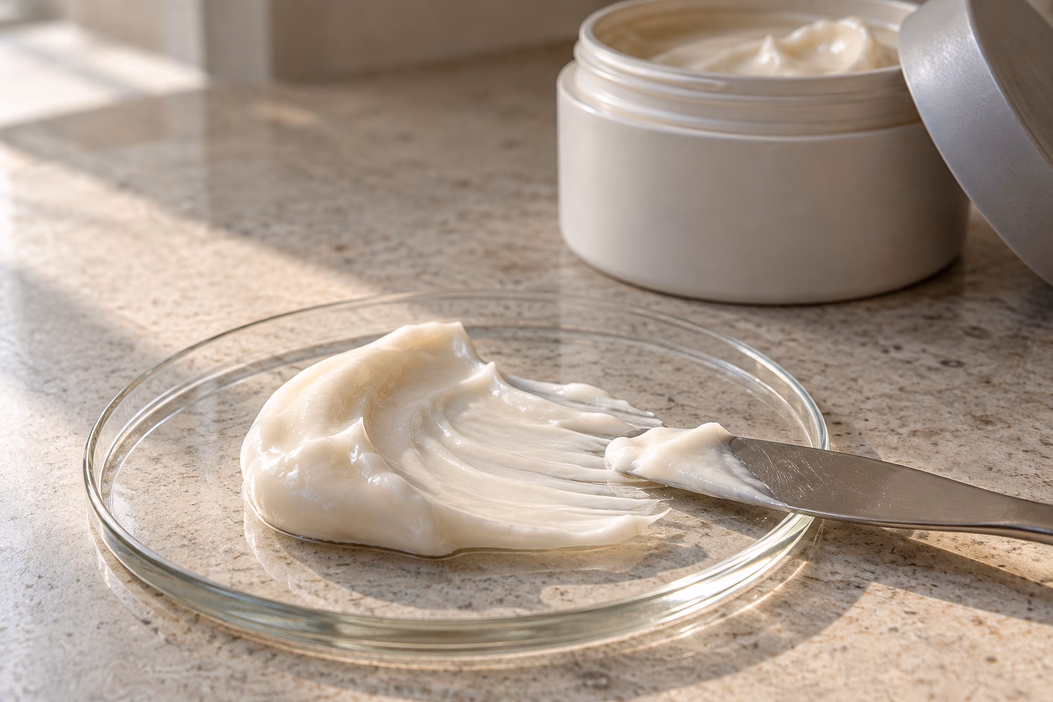 AI illustration: a creamy rinse-off hair mask texture sample on glass with ordinary evaluation tools.