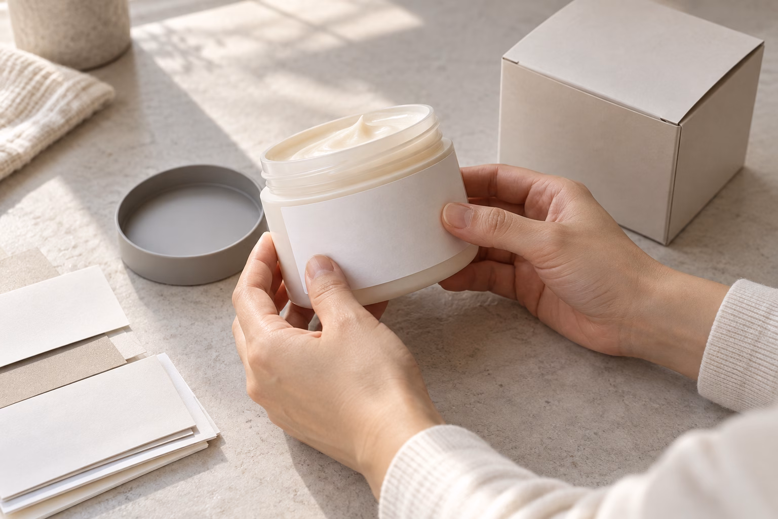 AI illustration: AI development concept of hands checking a blank label and standard jar package fit at a sample table.