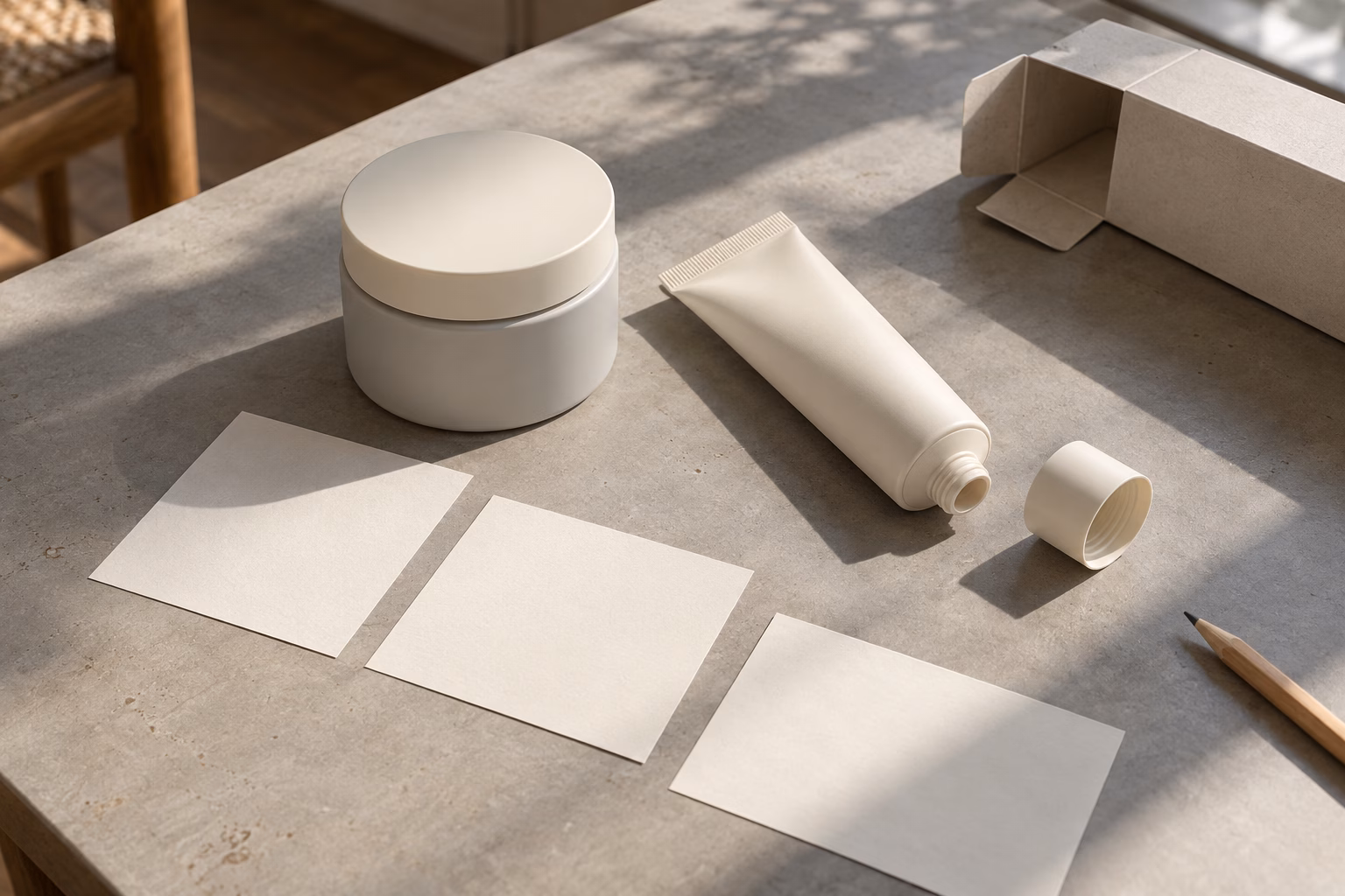 AI illustration: AI development concept of a haircare sample planning table with plain jar and tube packaging and blank review cards.