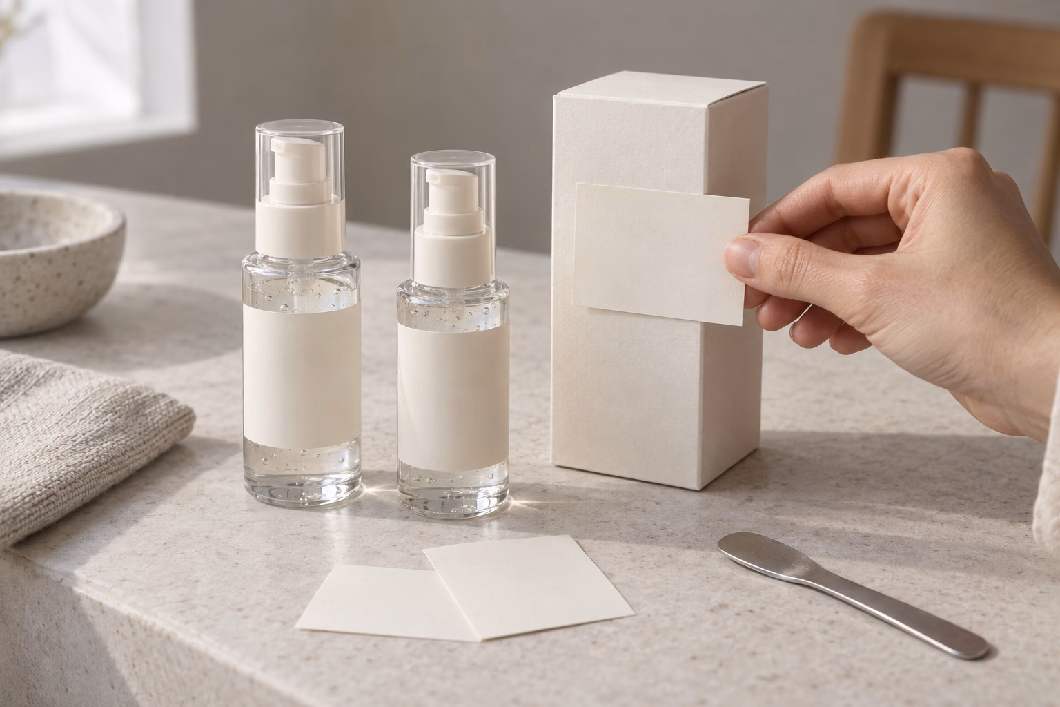 AI development illustration of blank serum label and carton components for a buyer brief