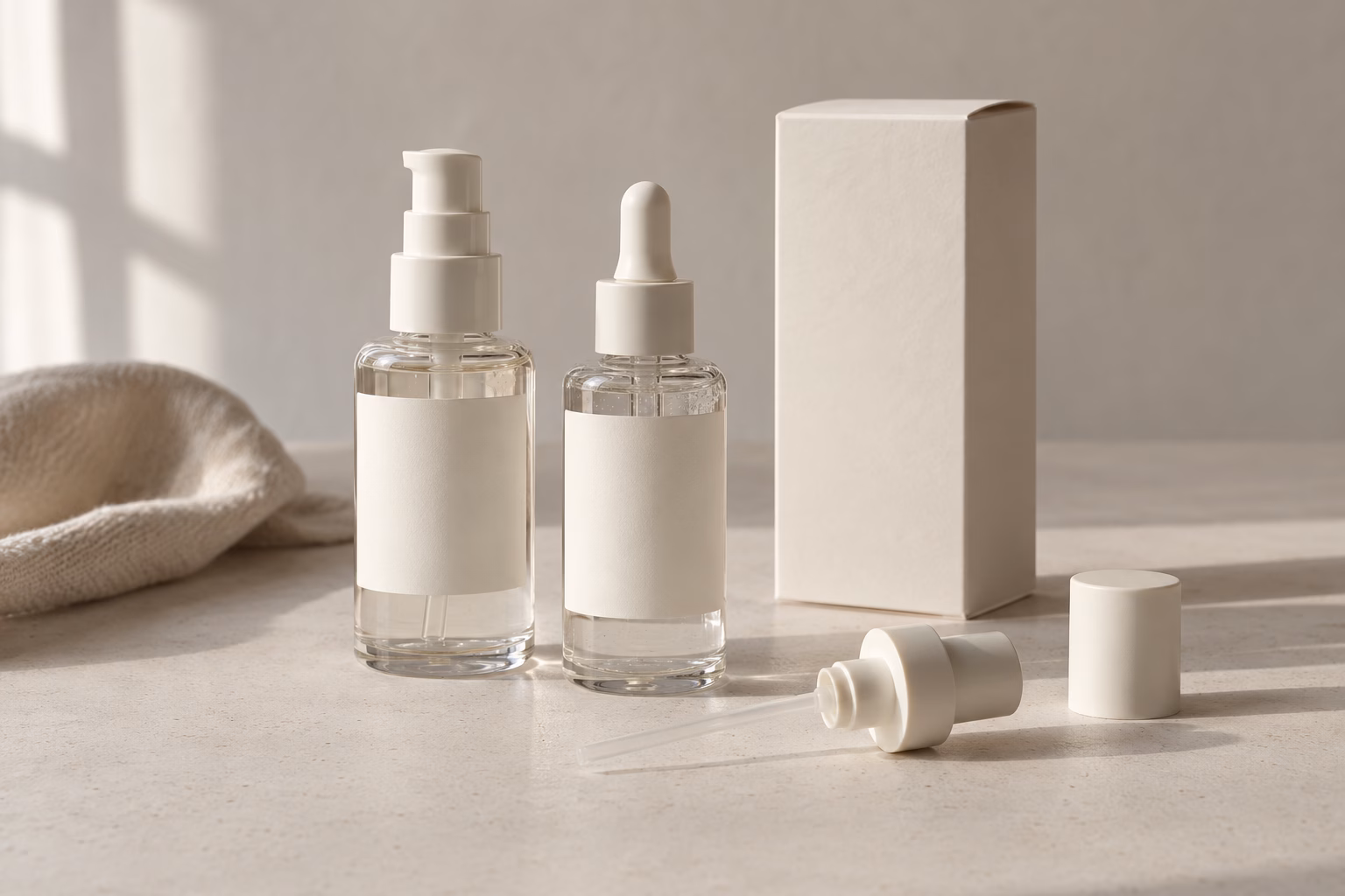AI development illustration of ordinary pump and dropper packaging options for hydrating serum
