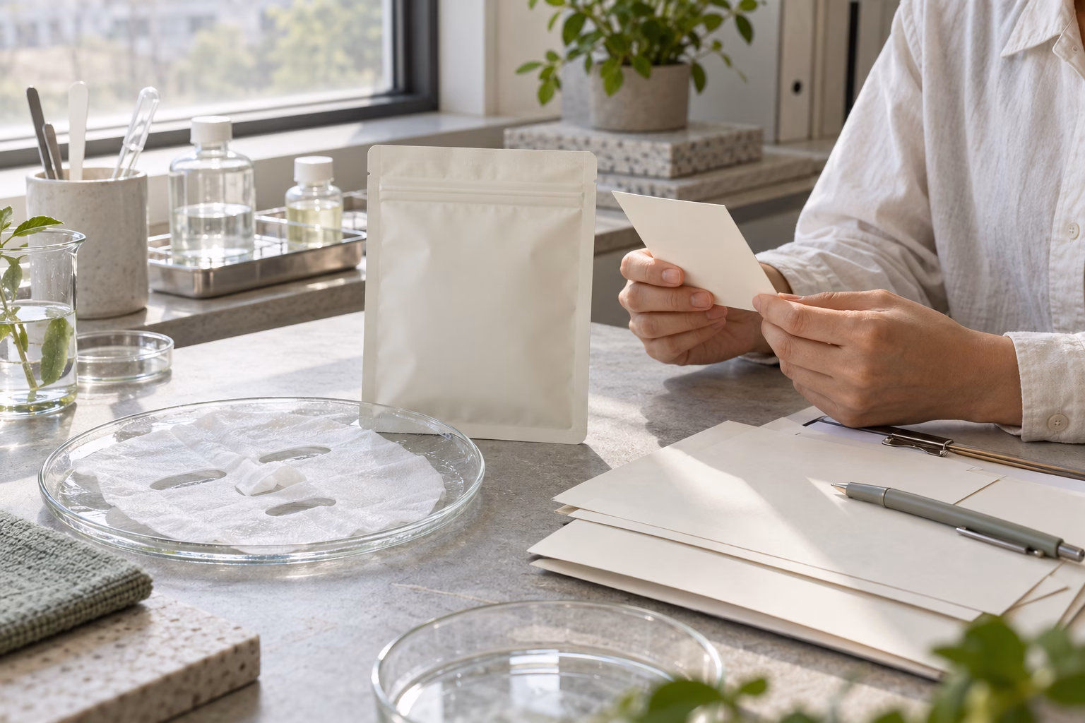 AI illustration: a plain resealable facial-mask pouch, nonwoven sheet and blank specification cards at a sample-review table.