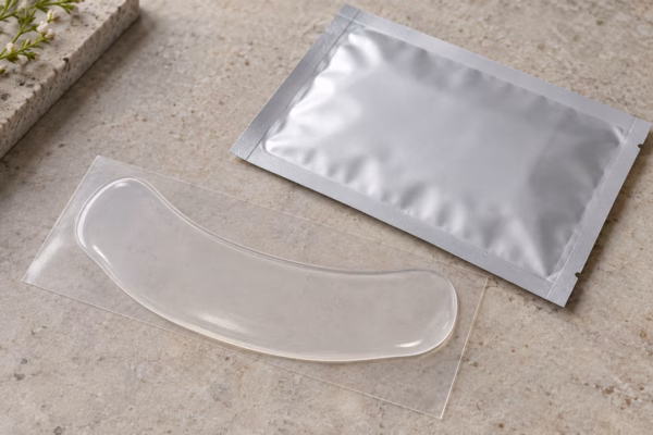 AI development illustration of a smooth pale-clear gel patch on a release liner beside a blank sachet.