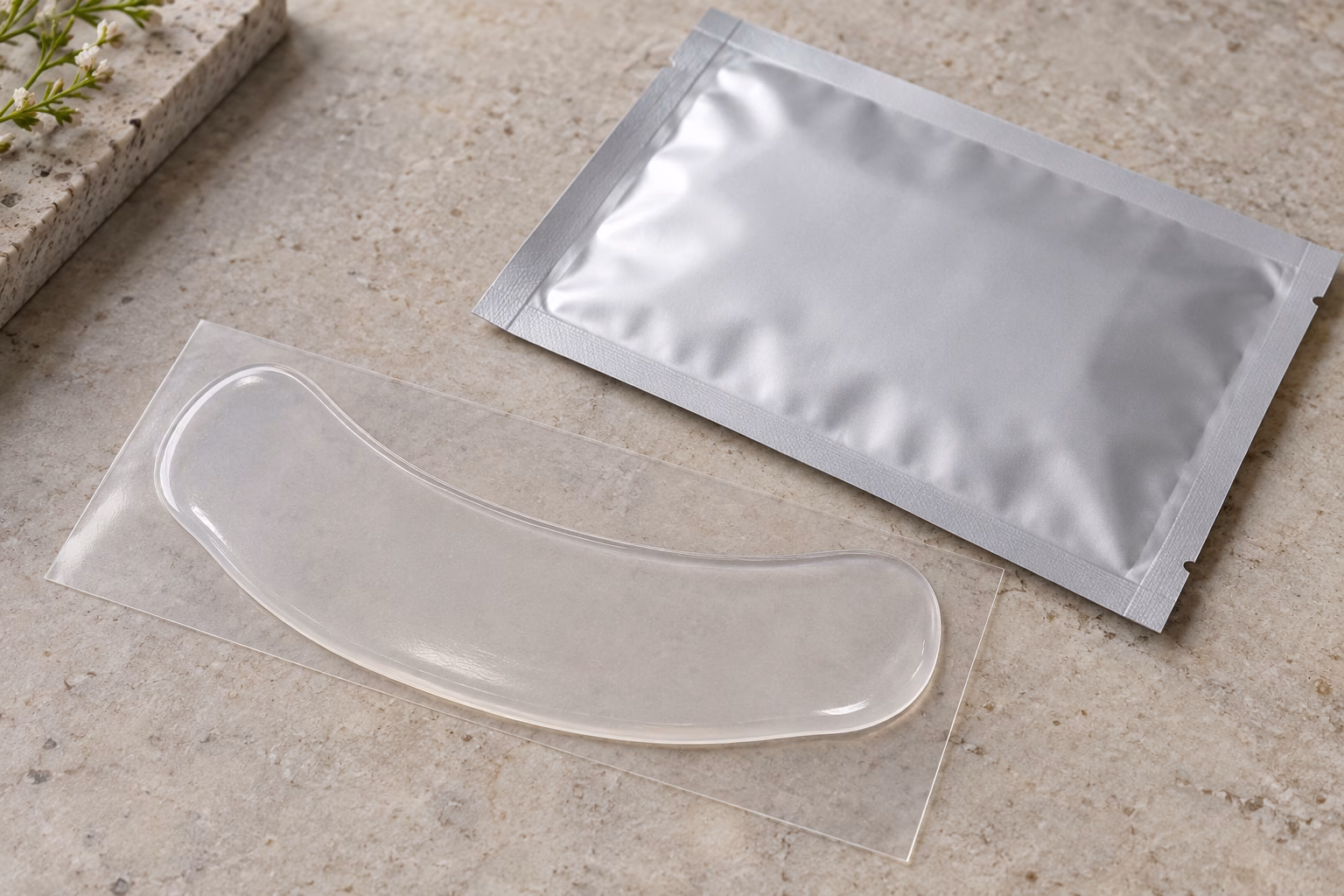 AI development illustration of a smooth pale-clear gel patch on a release liner beside a blank sachet.