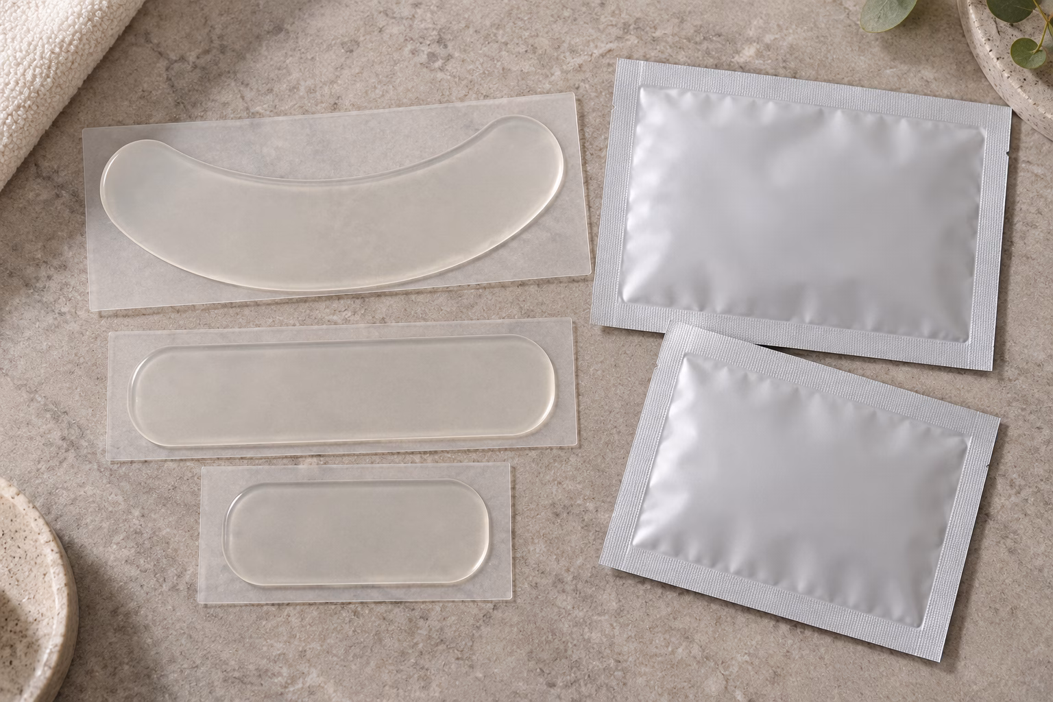 AI development illustration comparing simple rounded gel-strip outlines, liners and blank sachets.