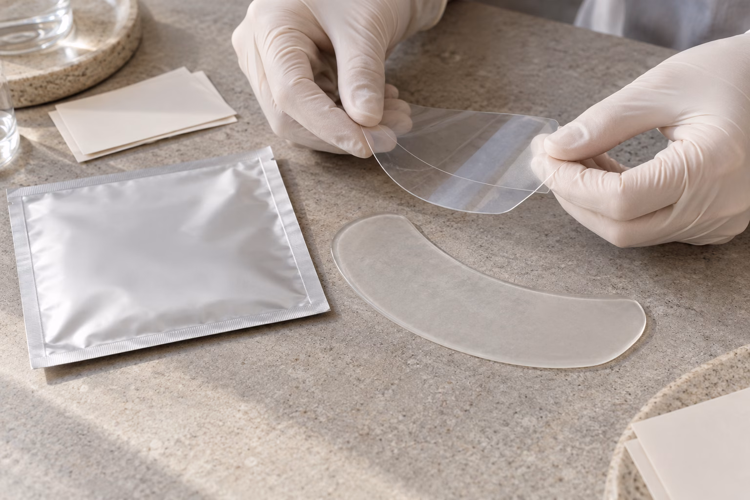 AI development illustration of gloved hands examining a blank liner and unprinted sachet at a sample table.