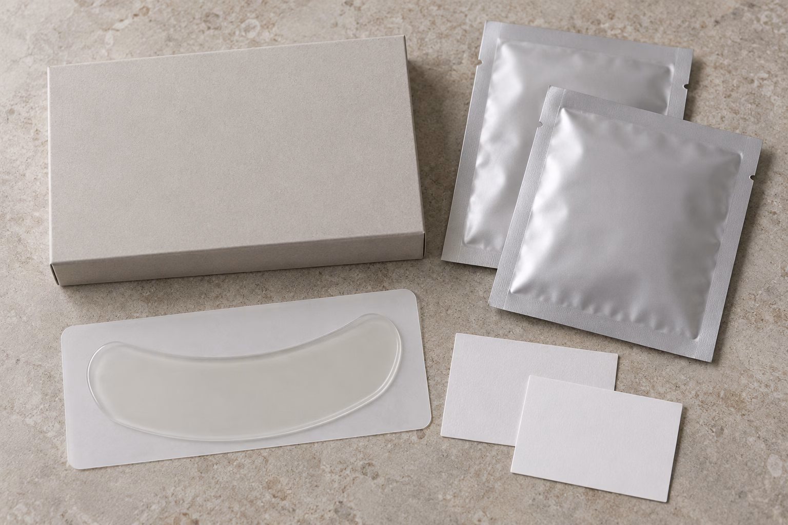 AI development illustration of blank boxes, sachets and a plain gel strip arranged for packaging discussion.