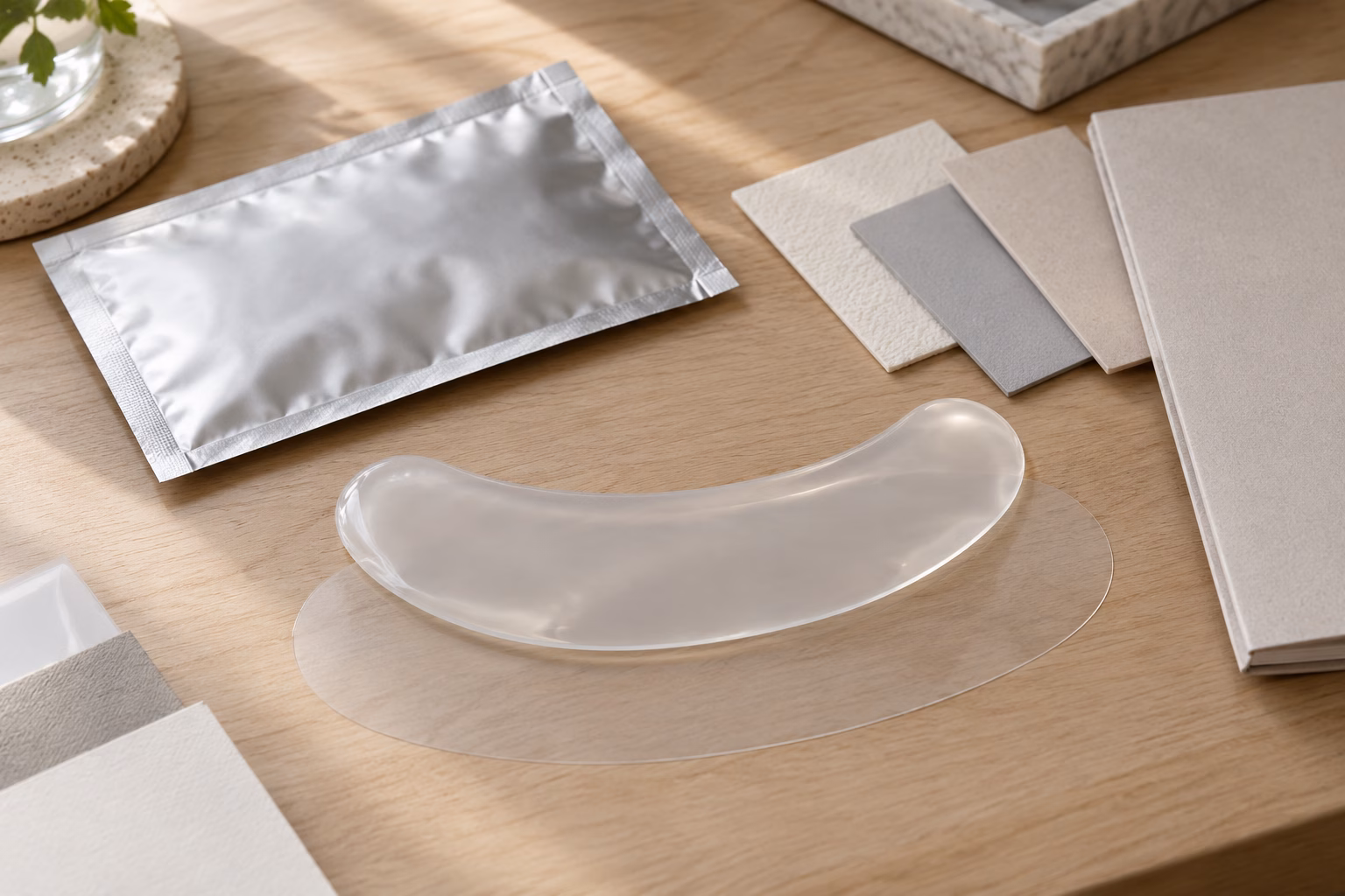 AI development illustration of a smooth gel strip on a separate liner with a blank sachet material swatches and unmarked sample-request folder