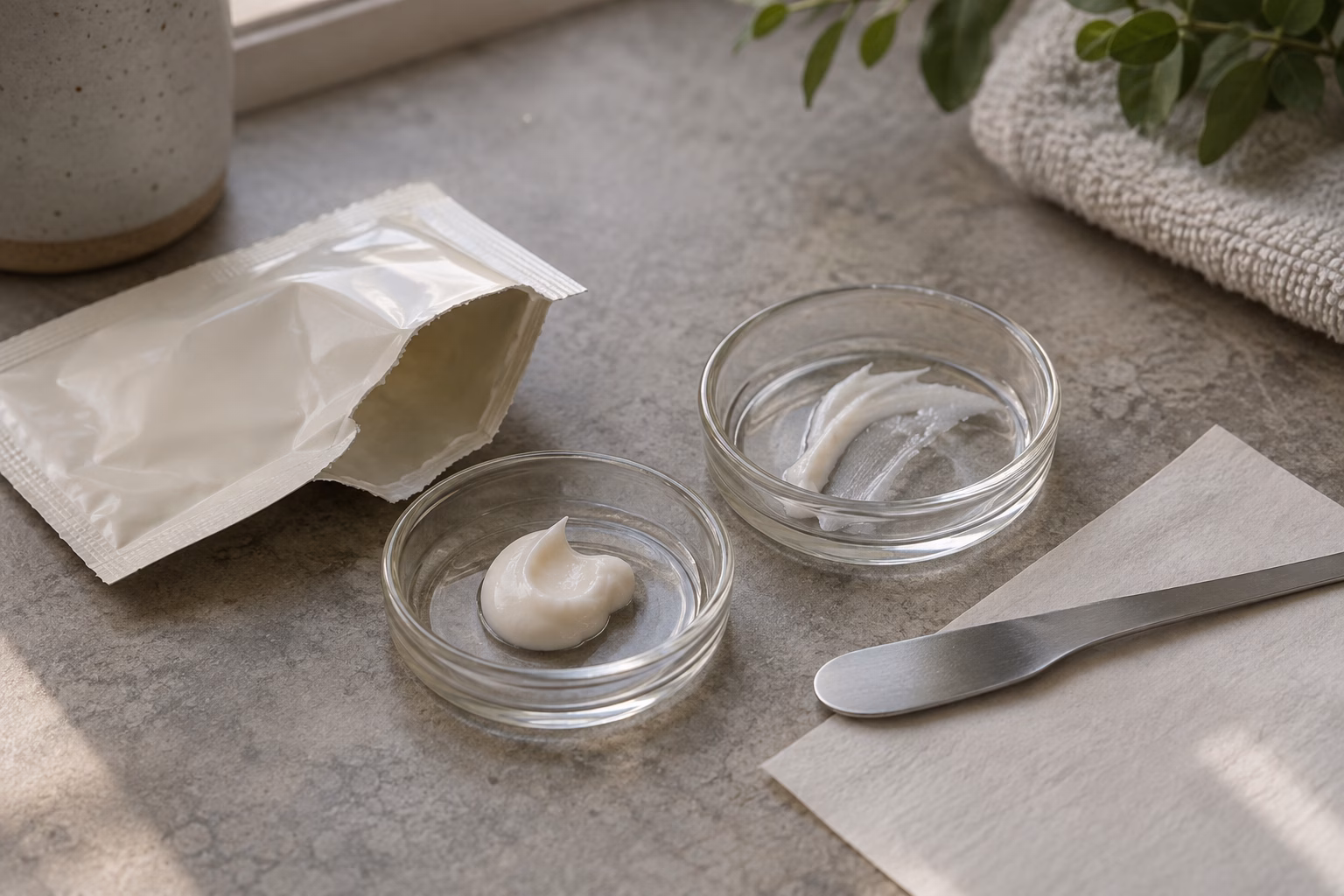 AI development illustration of open cream sachet beside separate recovered cream and residue dishes