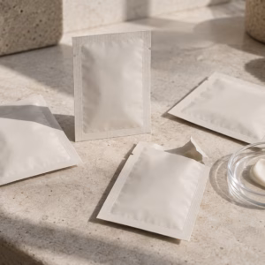 AI development illustration of neutral sealed and open cream sachets beside a cream sample dish