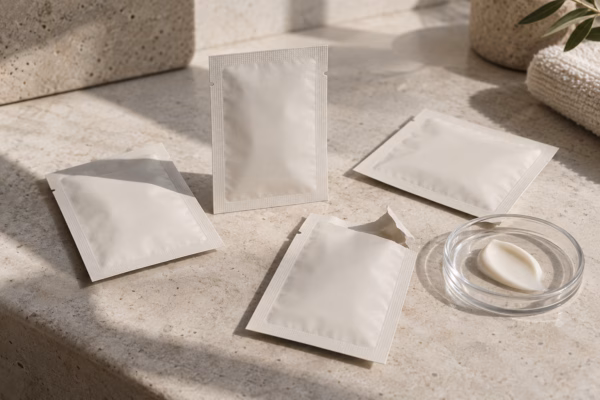 AI development illustration of neutral sealed and open cream sachets beside a cream sample dish