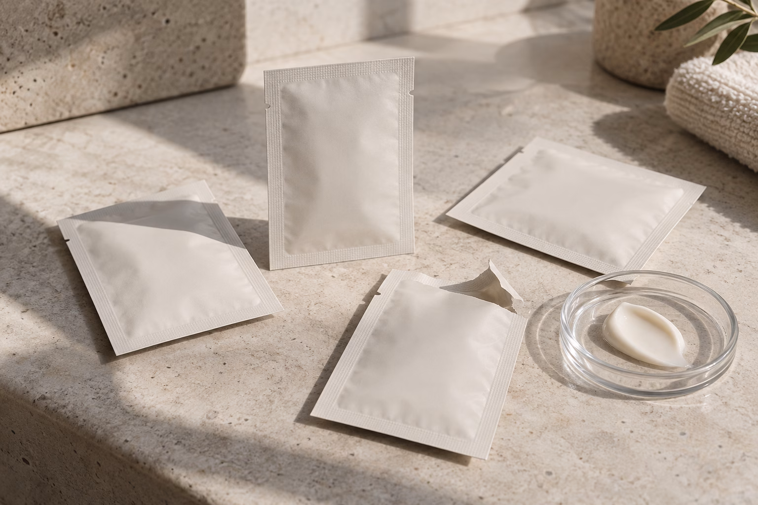 AI development illustration of neutral sealed and open cream sachets beside a cream sample dish