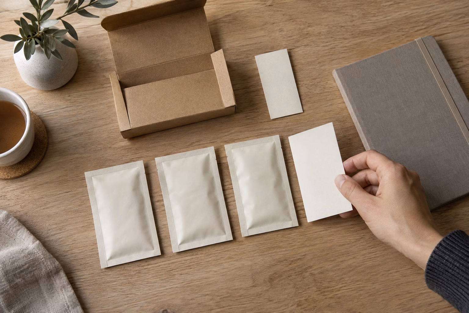 AI development illustration of blank sachets, artwork space and sample carton being compared