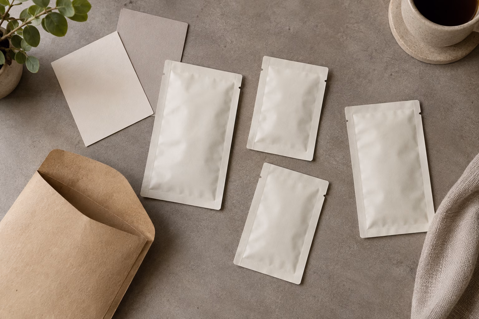 AI development illustration of unprinted conventional sachet footprints and blank sample backing cards