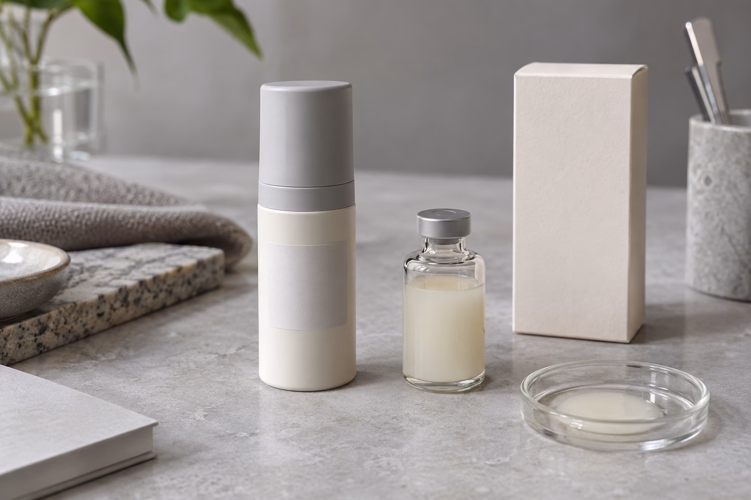 AI development illustration of ordinary unbranded serum samples and a blank carton for private label planning