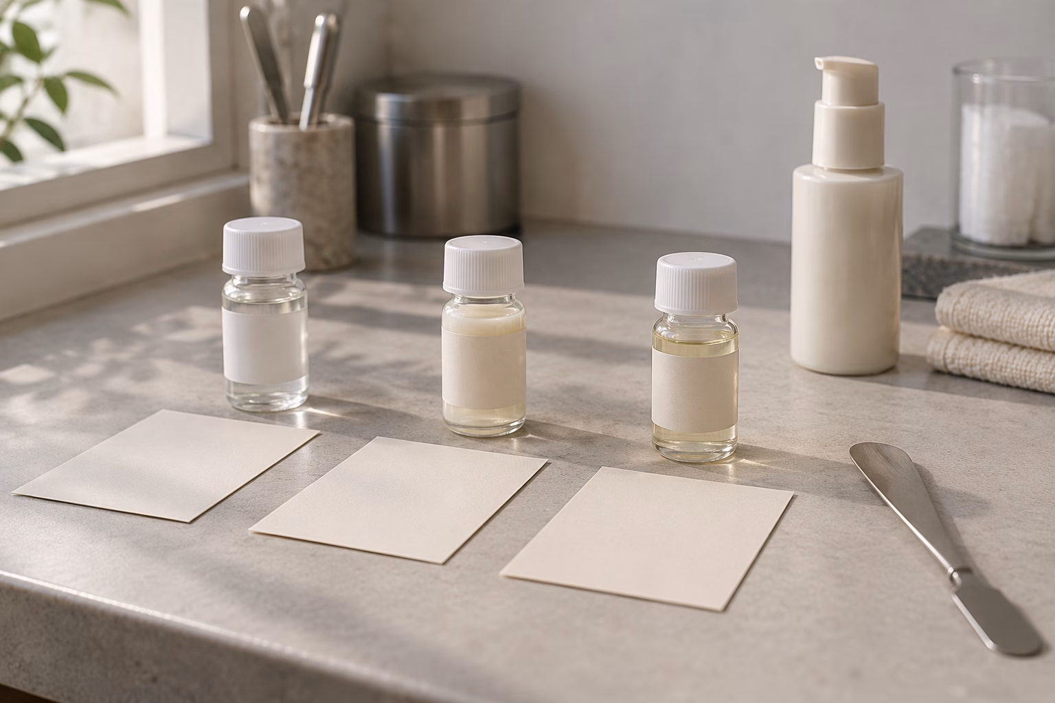 AI development illustration of three separate sample vials and blank ingredient record cards