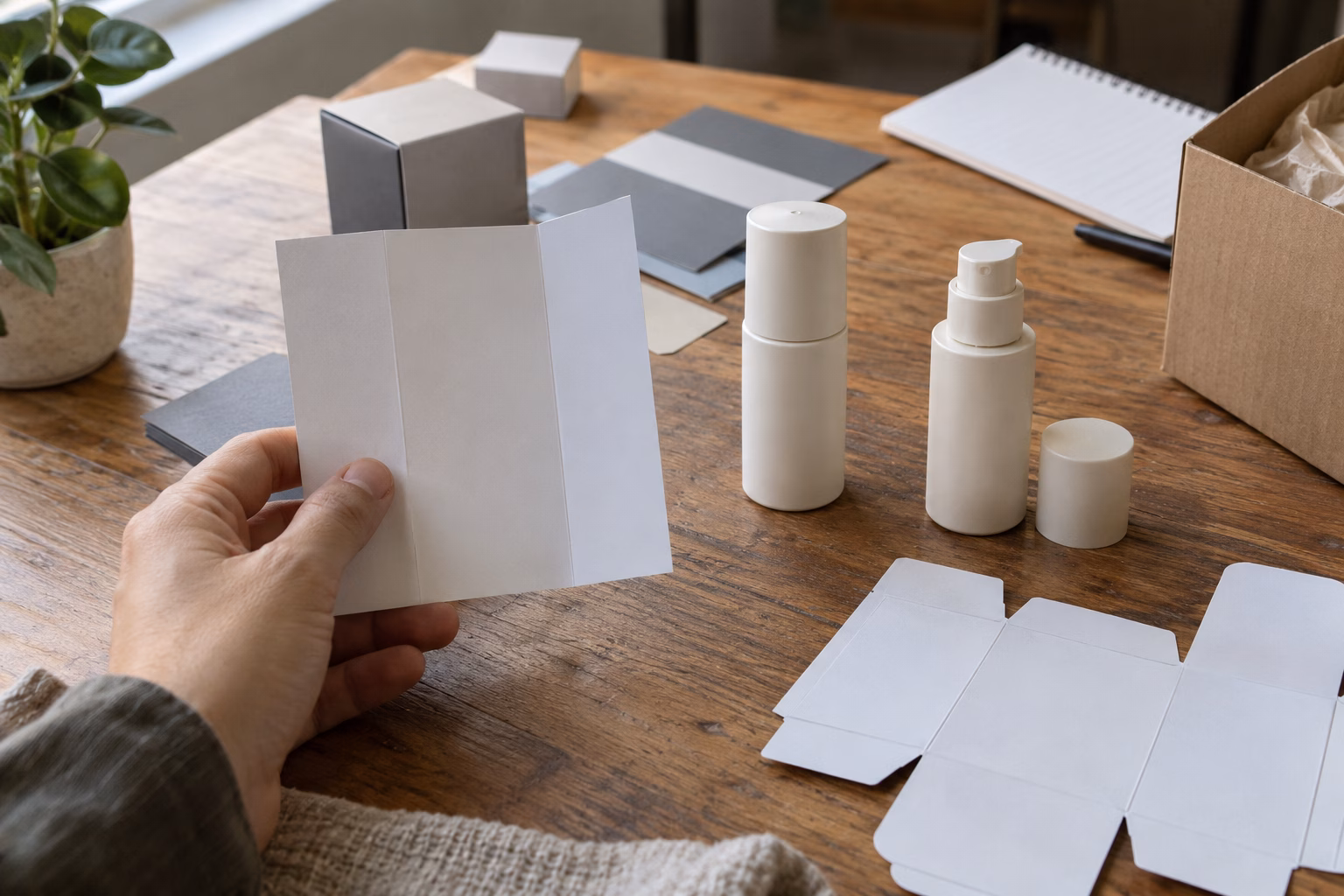 AI development illustration of a hand reviewing blank label proofs beside ordinary serum pump samples